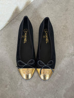 Chanel Black/Gold Leather CC Cap Toe Bow Ballet